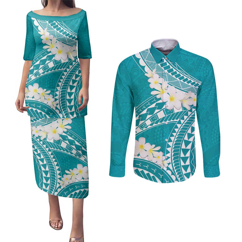 Polynesian Vintage Floral Couples Matching Puletasi and Long Sleeve Button Shirt Teal Motifs - Polynesian Pride