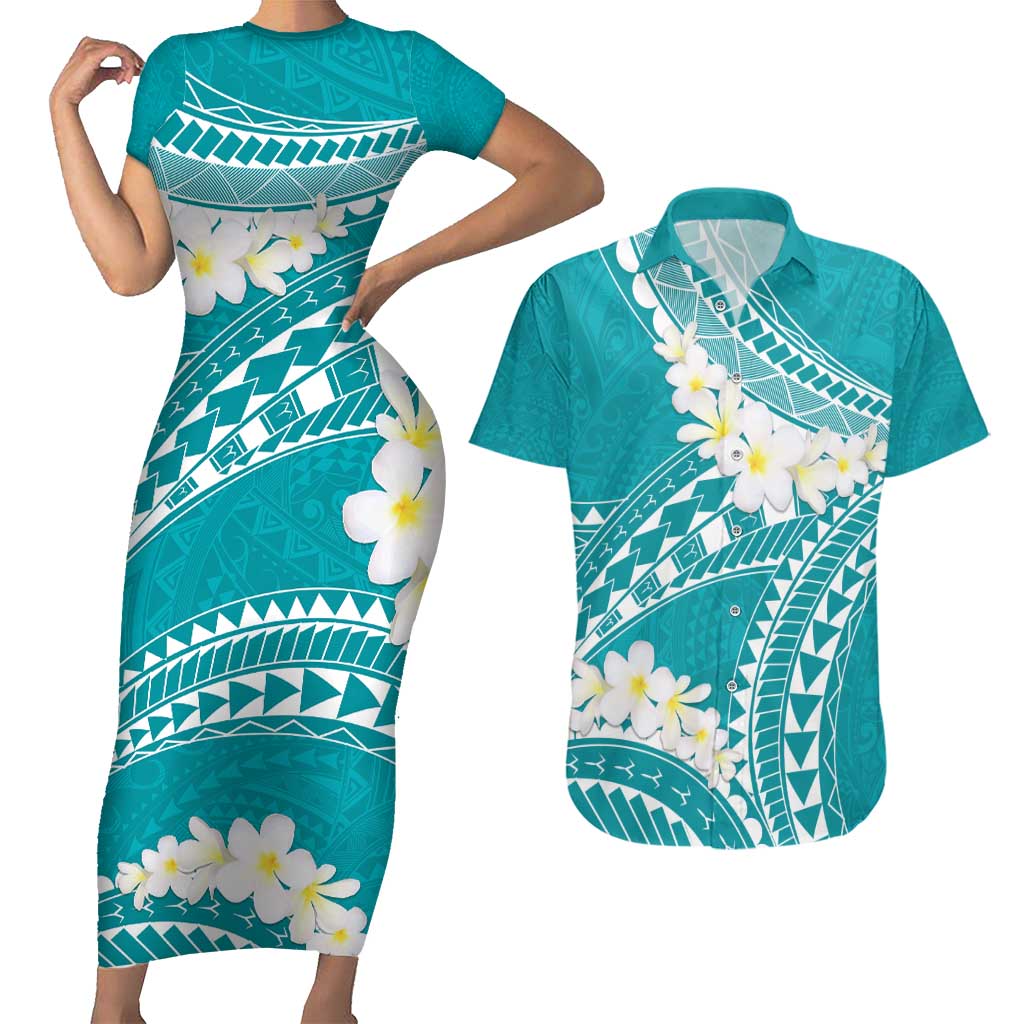 Polynesian Vintage Floral Couples Matching Short Sleeve Bodycon Dress and Hawaiian Shirt Teal Motifs - Polynesian Pride