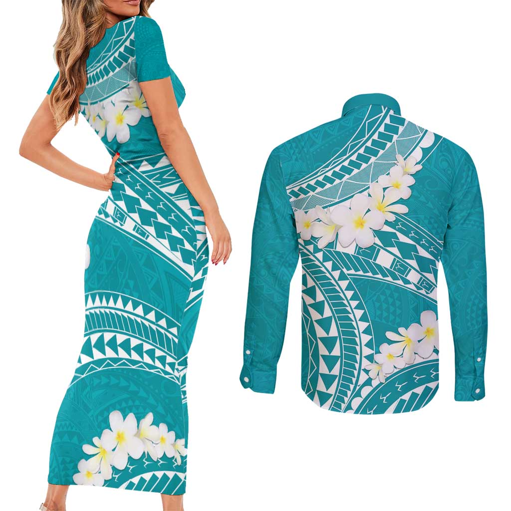 Polynesian Vintage Floral Couples Matching Short Sleeve Bodycon Dress and Long Sleeve Button Shirt Teal Motifs - Polynesian Pride