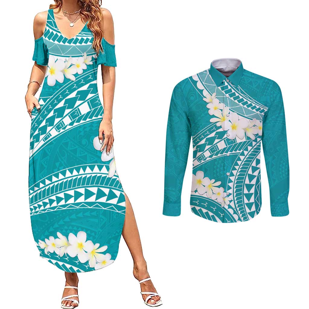 Polynesian Vintage Floral Couples Matching Summer Maxi Dress and Long Sleeve Button Shirt Teal Motifs - Polynesian Pride