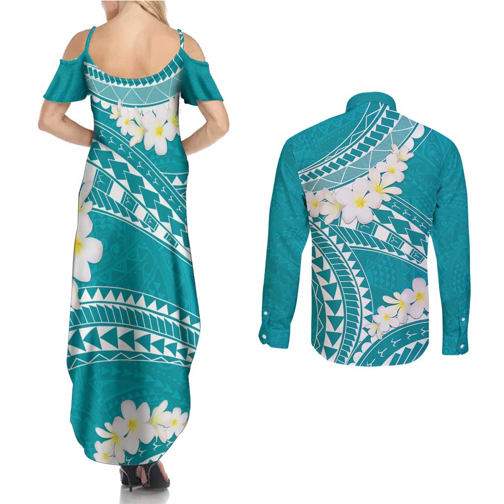 Polynesian Vintage Floral Couples Matching Summer Maxi Dress and Long Sleeve Button Shirt Teal Motifs - Polynesian Pride