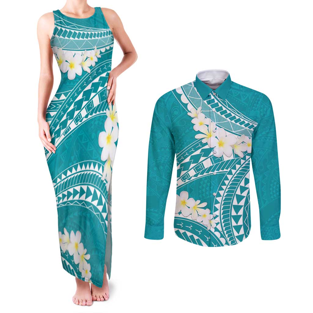 Polynesian Vintage Floral Couples Matching Tank Maxi Dress and Long Sleeve Button Shirt Teal Motifs - Polynesian Pride
