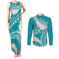 Polynesian Vintage Floral Couples Matching Tank Maxi Dress and Long Sleeve Button Shirt Teal Motifs - Polynesian Pride
