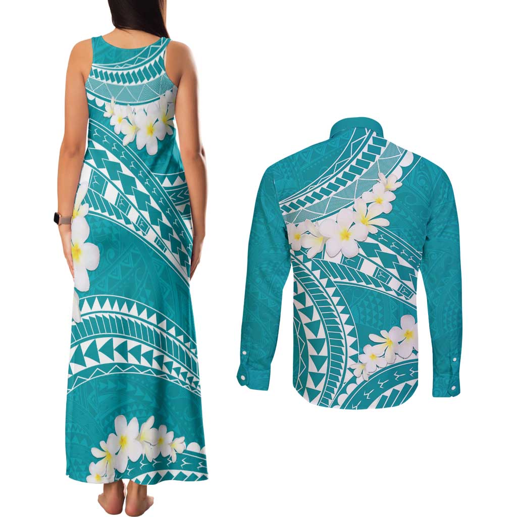 Polynesian Vintage Floral Couples Matching Tank Maxi Dress and Long Sleeve Button Shirt Teal Motifs - Polynesian Pride