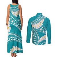 Polynesian Vintage Floral Couples Matching Tank Maxi Dress and Long Sleeve Button Shirt Teal Motifs - Polynesian Pride