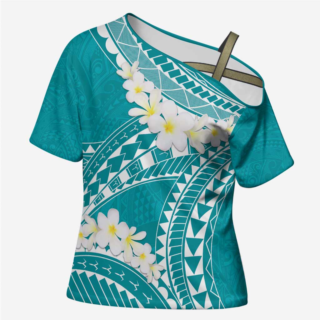 Polynesian Vintage Floral Cross Shoulder Shirt Teal Motifs - Polynesian Pride
