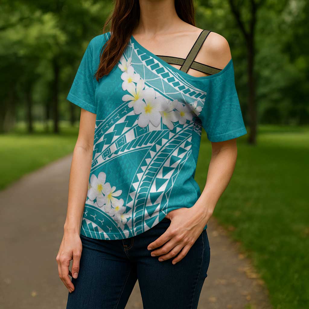Polynesian Vintage Floral Cross Shoulder Shirt Teal Motifs - Polynesian Pride