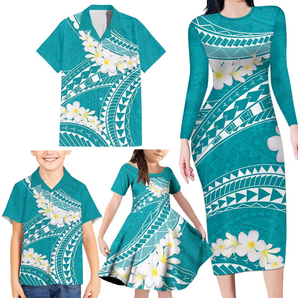 Polynesian Vintage Floral Family Matching Long Sleeve Bodycon Dress and Hawaiian Shirt Teal Motifs - Polynesian Pride
