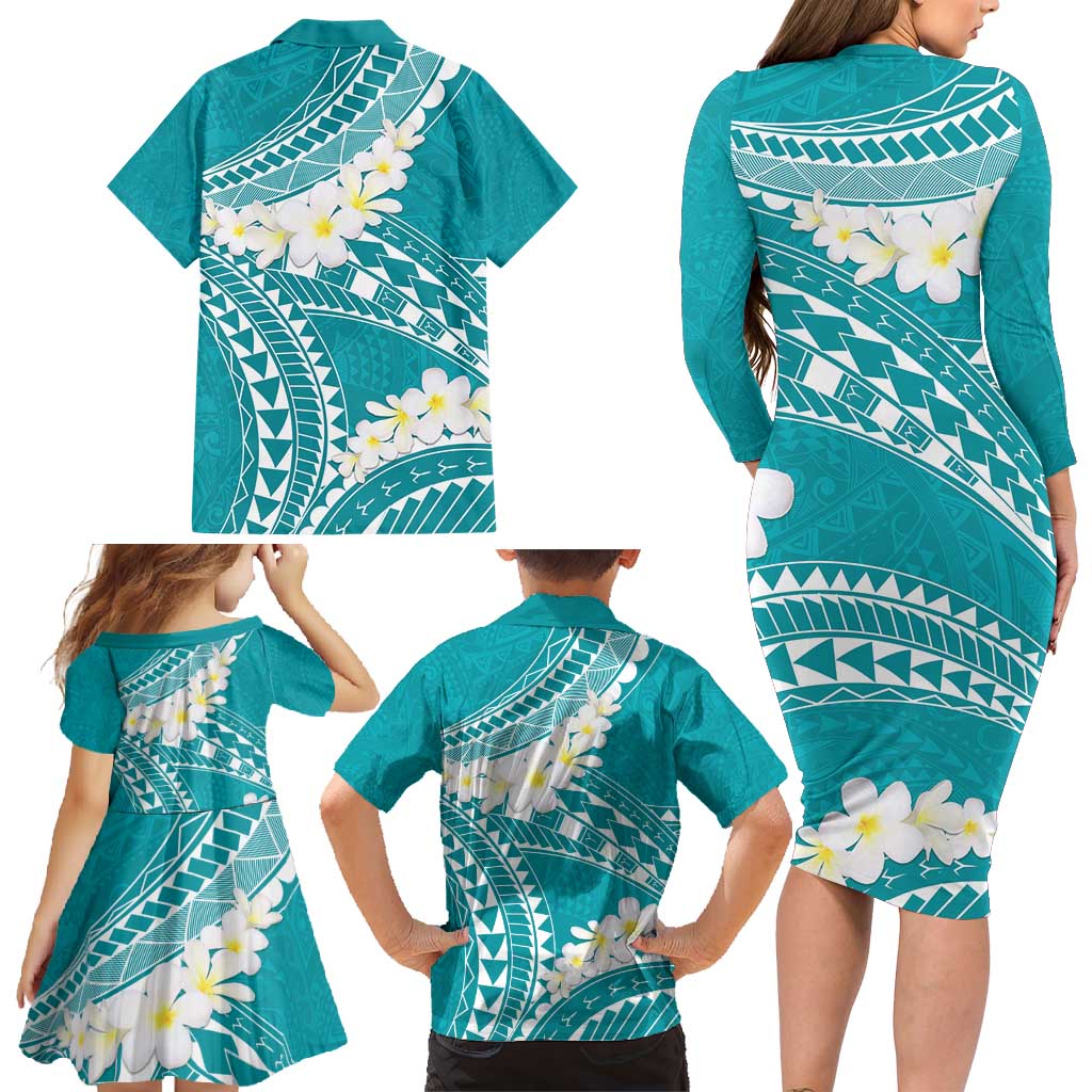 Polynesian Vintage Floral Family Matching Long Sleeve Bodycon Dress and Hawaiian Shirt Teal Motifs - Polynesian Pride