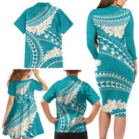 Polynesian Vintage Floral Family Matching Long Sleeve Bodycon Dress and Hawaiian Shirt Teal Motifs - Polynesian Pride