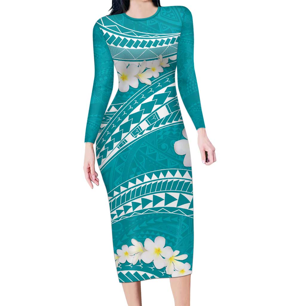 Polynesian Vintage Floral Family Matching Long Sleeve Bodycon Dress and Hawaiian Shirt Teal Motifs - Polynesian Pride