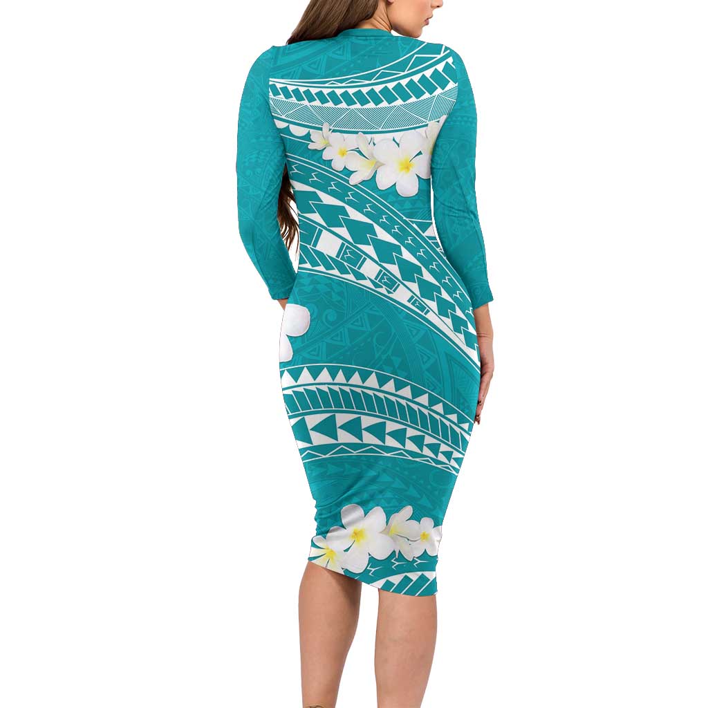Polynesian Vintage Floral Family Matching Long Sleeve Bodycon Dress and Hawaiian Shirt Teal Motifs - Polynesian Pride