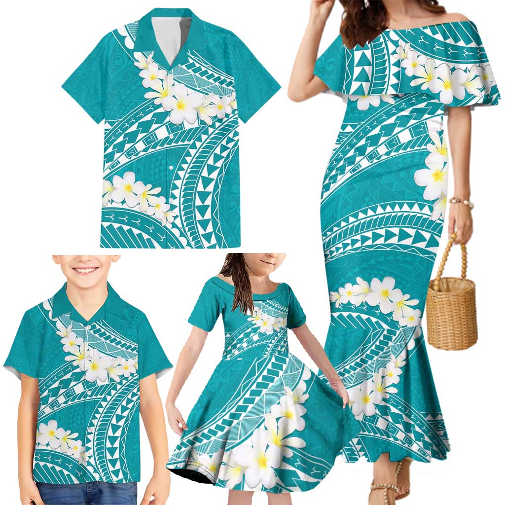 Polynesian Vintage Floral Family Matching Mermaid Dress and Hawaiian Shirt Teal Motifs - Polynesian Pride