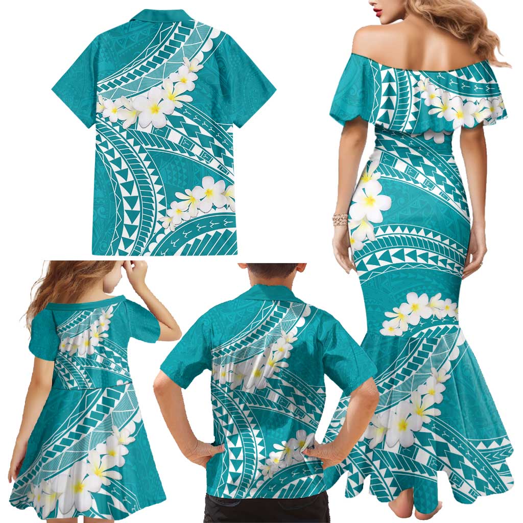 Polynesian Vintage Floral Family Matching Mermaid Dress and Hawaiian Shirt Teal Motifs - Polynesian Pride