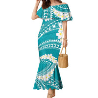 Polynesian Vintage Floral Family Matching Mermaid Dress and Hawaiian Shirt Teal Motifs - Polynesian Pride