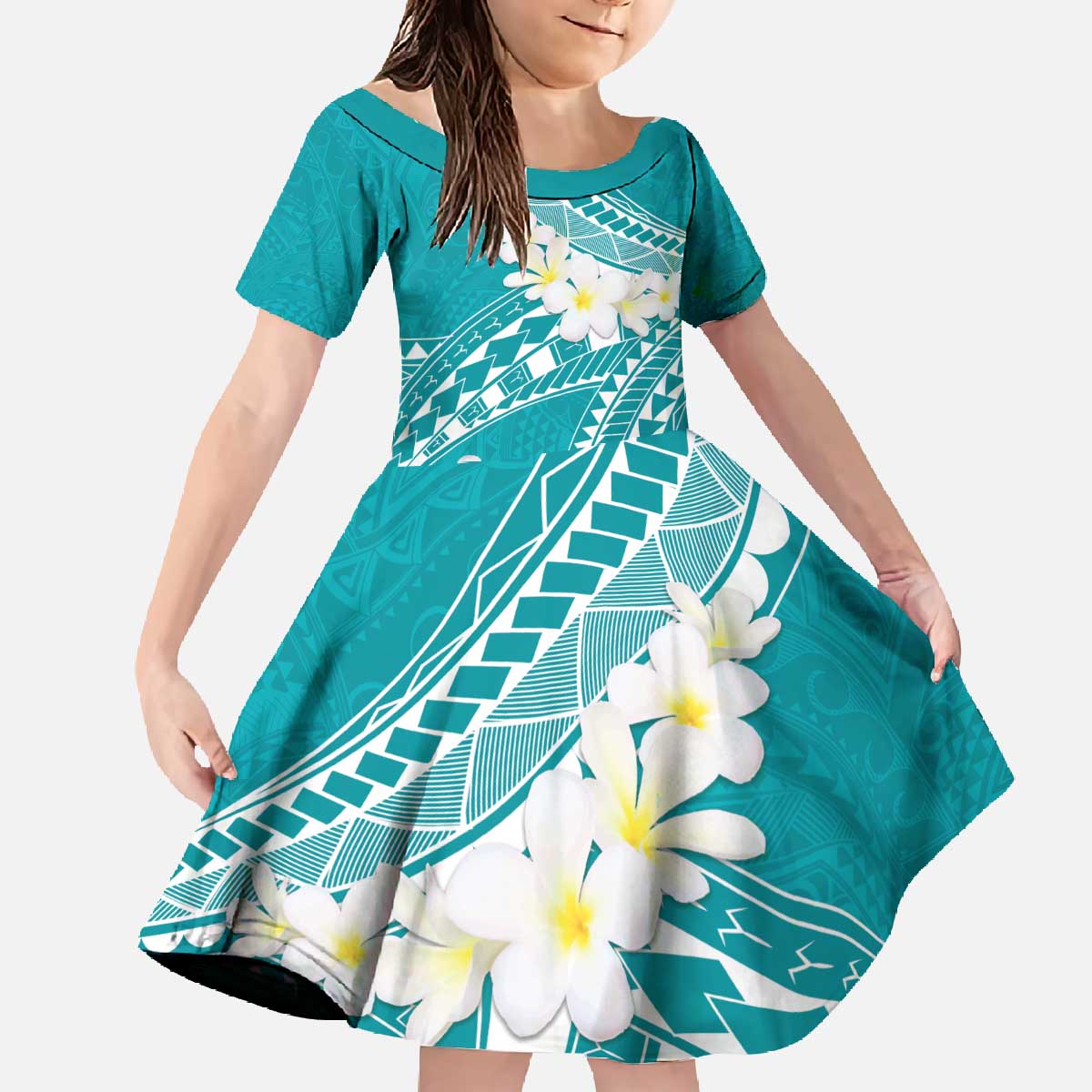 Polynesian Vintage Floral Family Matching Off The Shoulder Long Sleeve Dress and Hawaiian Shirt Teal Motifs - Polynesian Pride