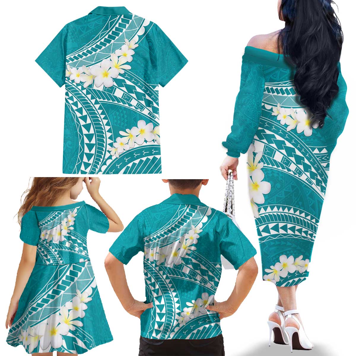 Polynesian Vintage Floral Family Matching Off The Shoulder Long Sleeve Dress and Hawaiian Shirt Teal Motifs - Polynesian Pride