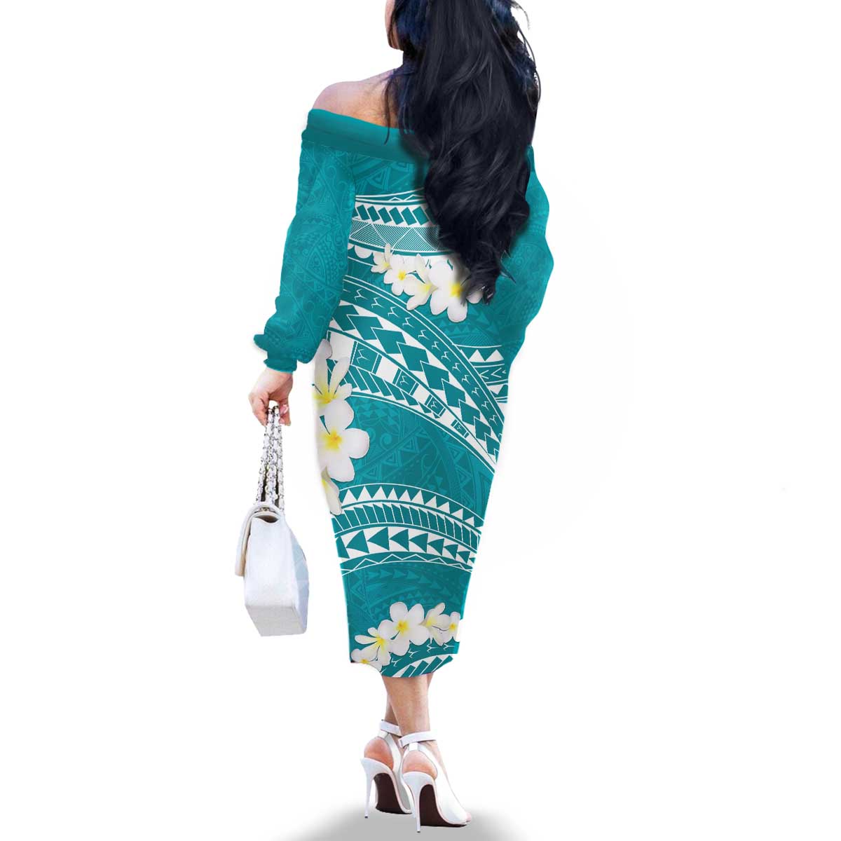 Polynesian Vintage Floral Family Matching Off The Shoulder Long Sleeve Dress and Hawaiian Shirt Teal Motifs - Polynesian Pride
