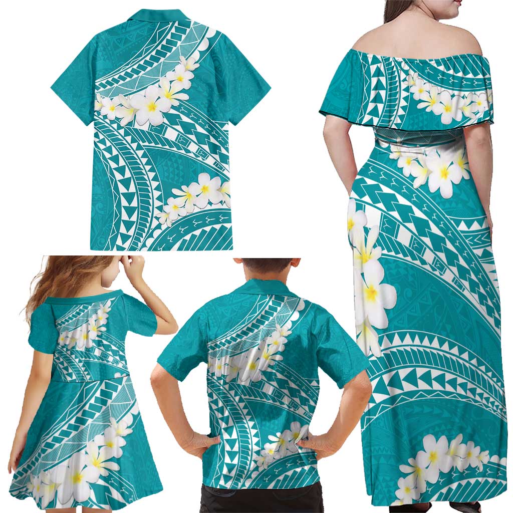 Polynesian Vintage Floral Family Matching Off Shoulder Maxi Dress and Hawaiian Shirt Teal Motifs - Polynesian Pride