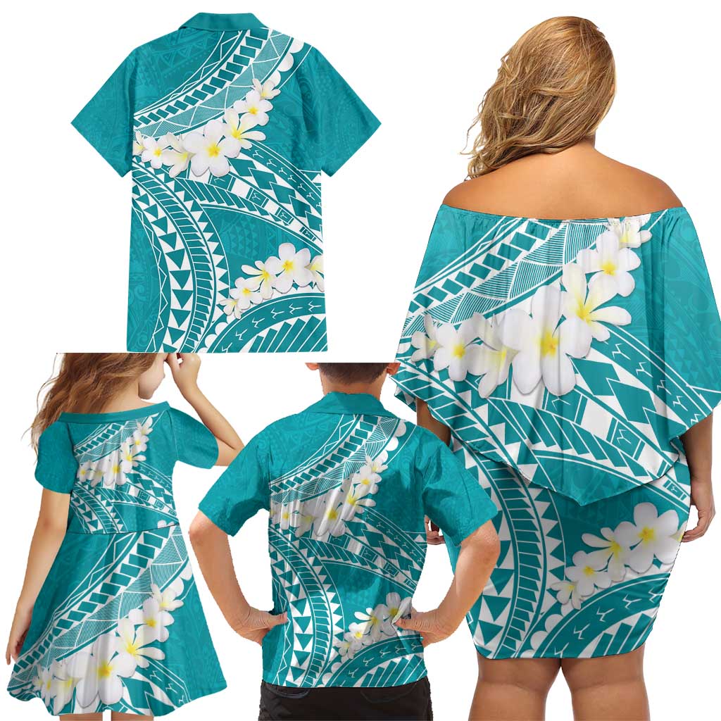 Polynesian Vintage Floral Family Matching Off Shoulder Short Dress and Hawaiian Shirt Teal Motifs - Polynesian Pride