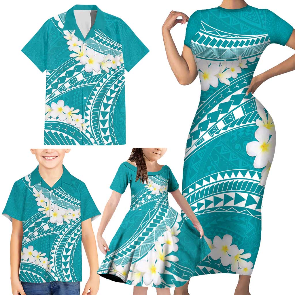 Polynesian Vintage Floral Family Matching Short Sleeve Bodycon Dress and Hawaiian Shirt Teal Motifs - Polynesian Pride
