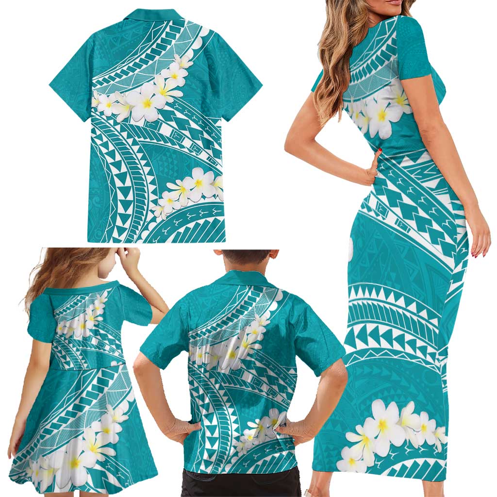 Polynesian Vintage Floral Family Matching Short Sleeve Bodycon Dress and Hawaiian Shirt Teal Motifs - Polynesian Pride