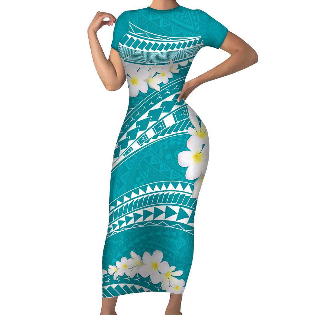 Polynesian Vintage Floral Family Matching Short Sleeve Bodycon Dress and Hawaiian Shirt Teal Motifs - Polynesian Pride