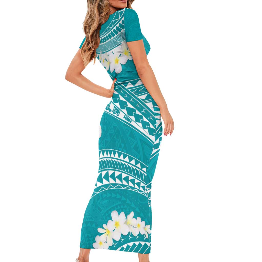Polynesian Vintage Floral Family Matching Short Sleeve Bodycon Dress and Hawaiian Shirt Teal Motifs - Polynesian Pride
