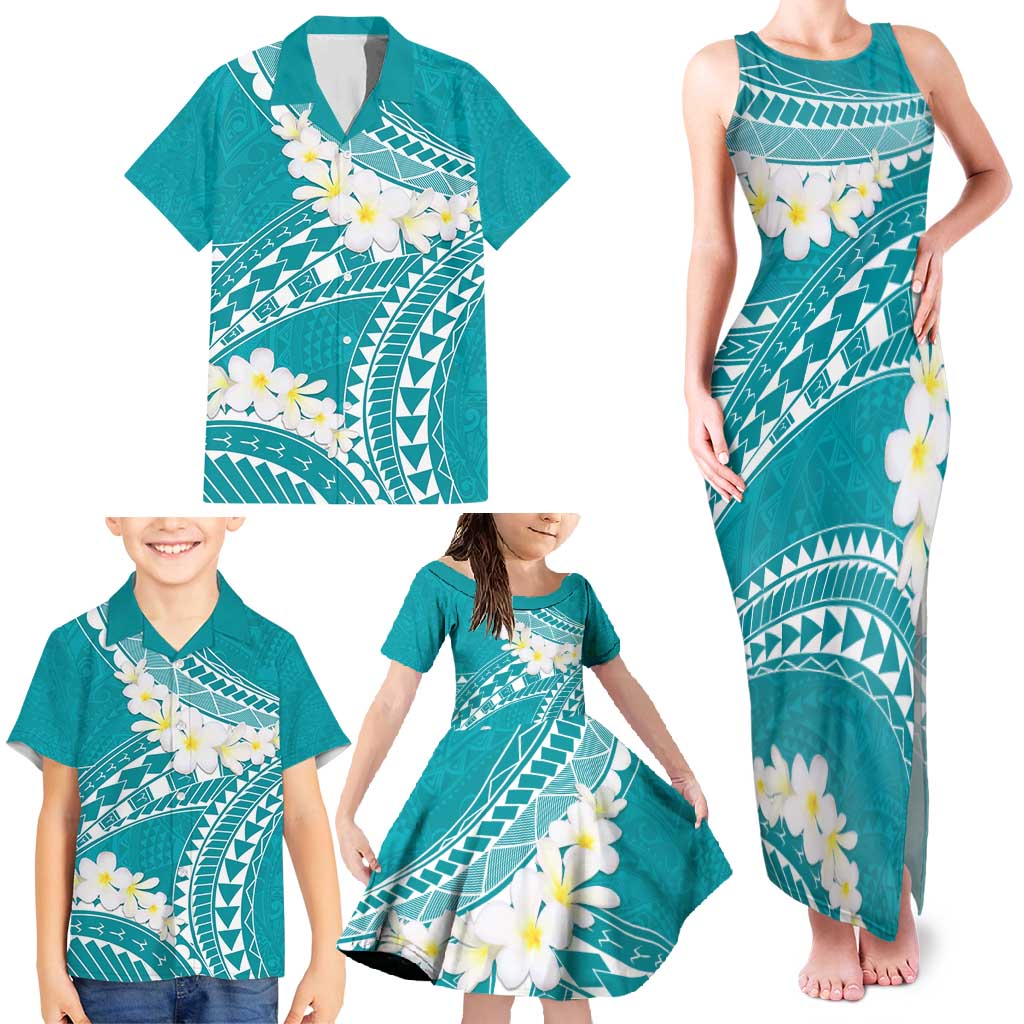 Polynesian Vintage Floral Family Matching Tank Maxi Dress and Hawaiian Shirt Teal Motifs - Polynesian Pride