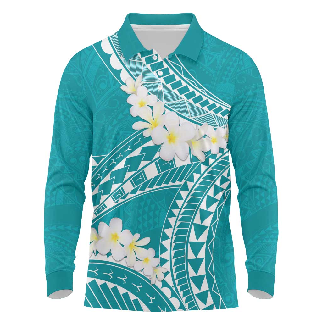 Polynesian Vintage Floral Long Sleeve Polo Shirt Teal Motifs - Polynesian Pride