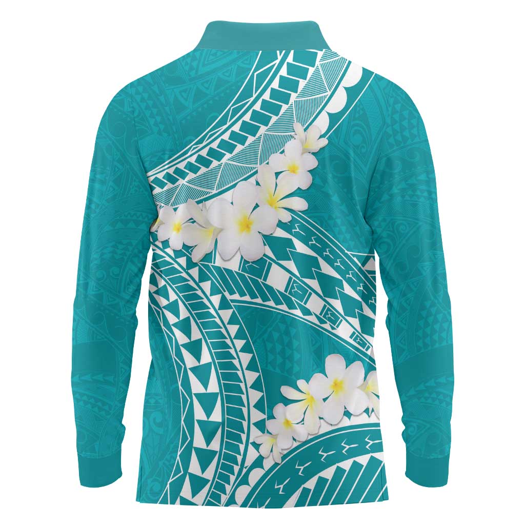 Polynesian Vintage Floral Long Sleeve Polo Shirt Teal Motifs - Polynesian Pride