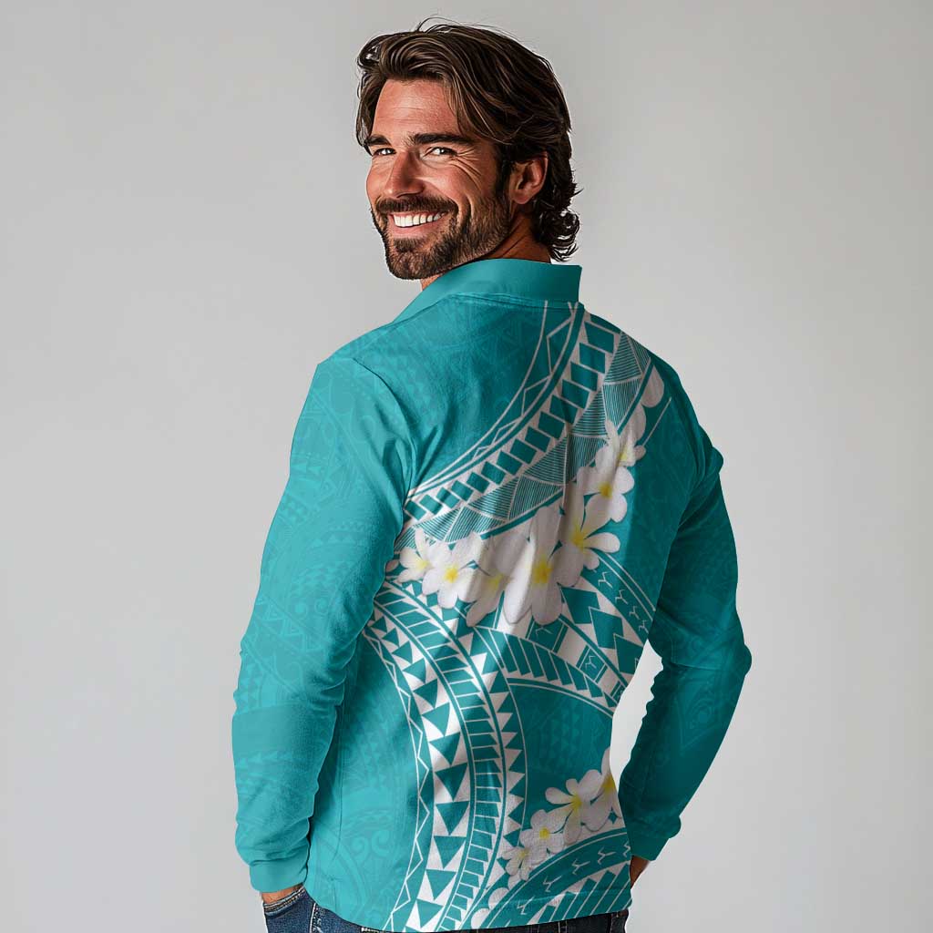 Polynesian Vintage Floral Long Sleeve Polo Shirt Teal Motifs - Polynesian Pride