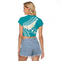 Polynesian Vintage Floral Raglan Cropped T Shirt Teal Motifs - Polynesian Pride