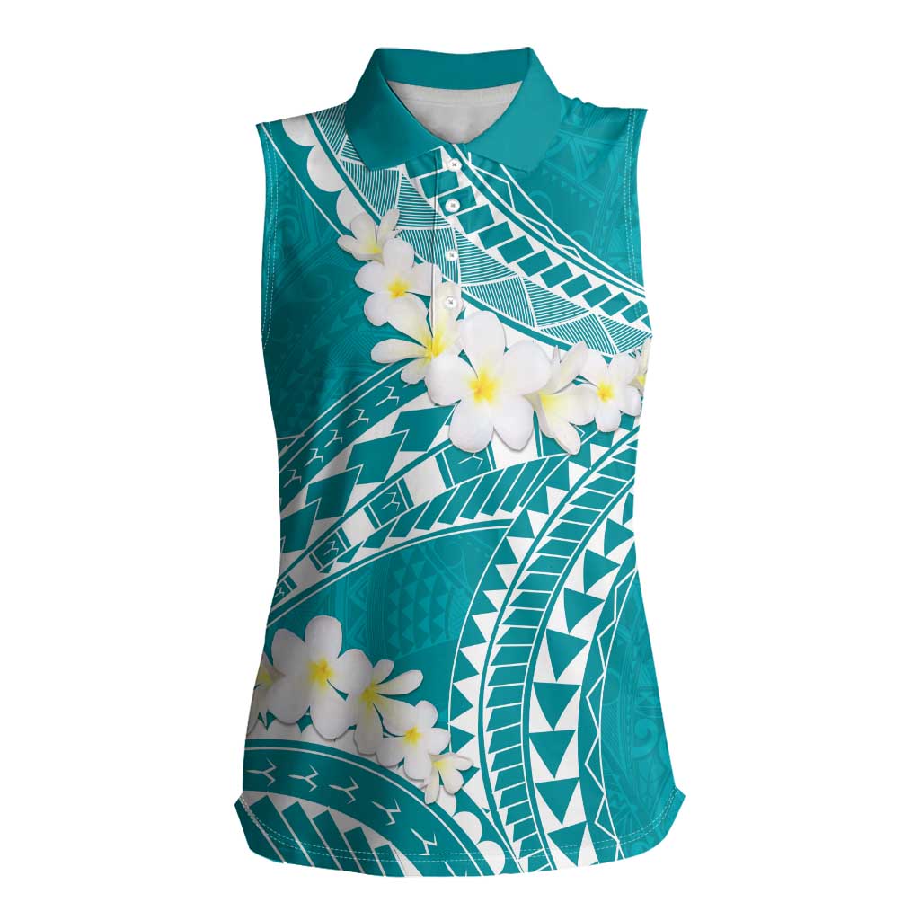 Polynesian Vintage Floral Women Sleeveless Polo Shirt Teal Motifs - Polynesian Pride