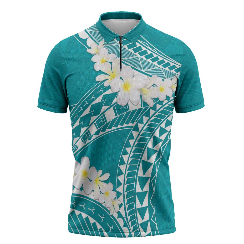 Polynesian Vintage Floral Zipper Polo Shirt Teal Motifs - Polynesian Pride