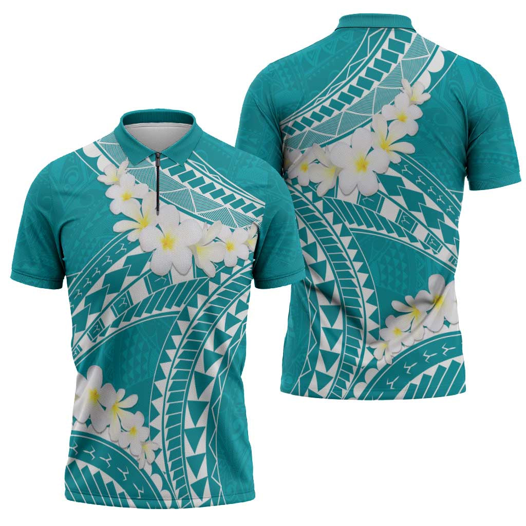 Polynesian Vintage Floral Zipper Polo Shirt Teal Motifs - Polynesian Pride