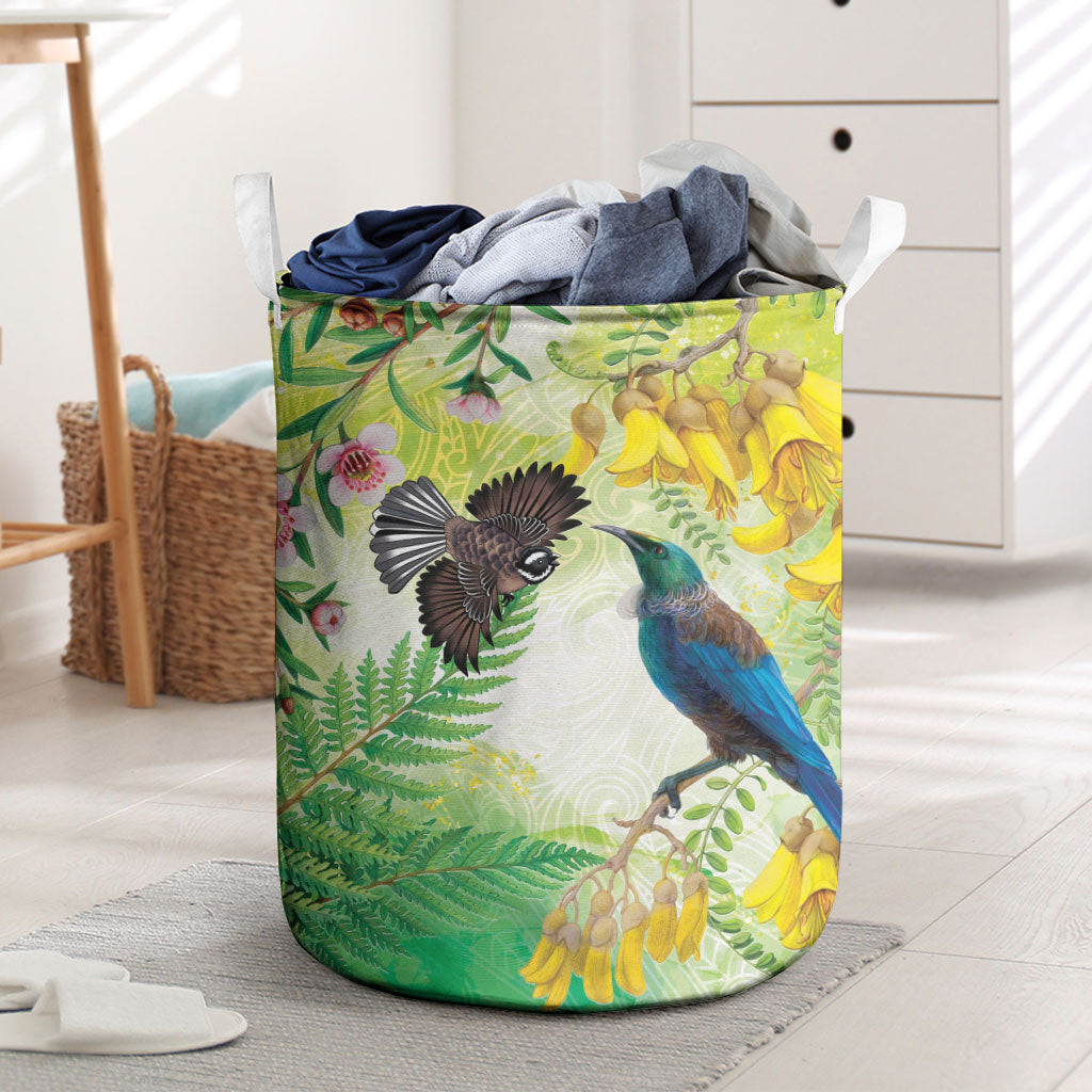 New Zealand Maori Mahuru Laundry Basket Tui With Pikawakawa Spring Colors LT7 Multicolor - Polynesian Pride