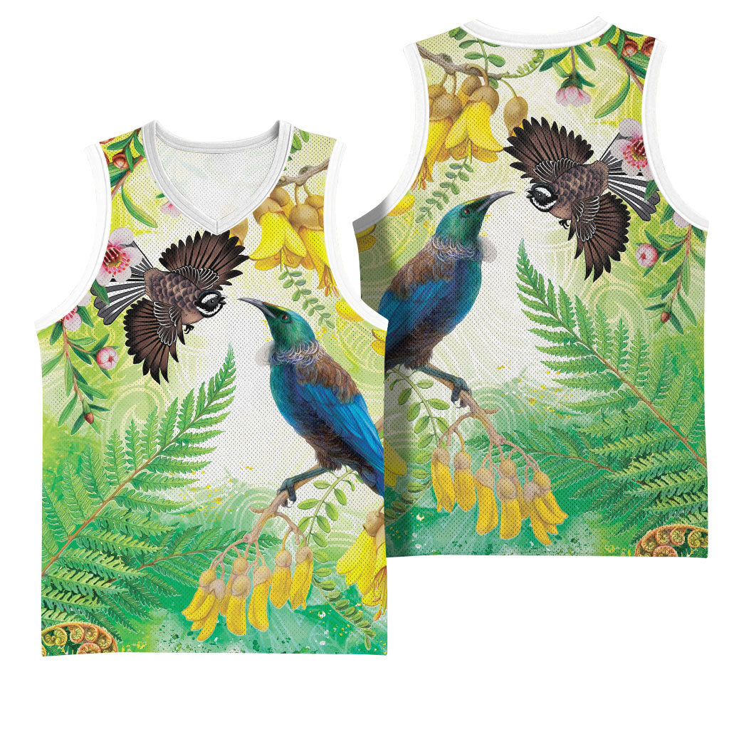New Zealand Maori Mahuru Basketball Jersey Tui With Pikawakawa Spring Colors LT7 - Polynesian Pride