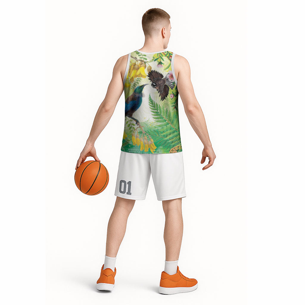 New Zealand Maori Mahuru Basketball Jersey Tui With Pikawakawa Spring Colors LT7 - Polynesian Pride