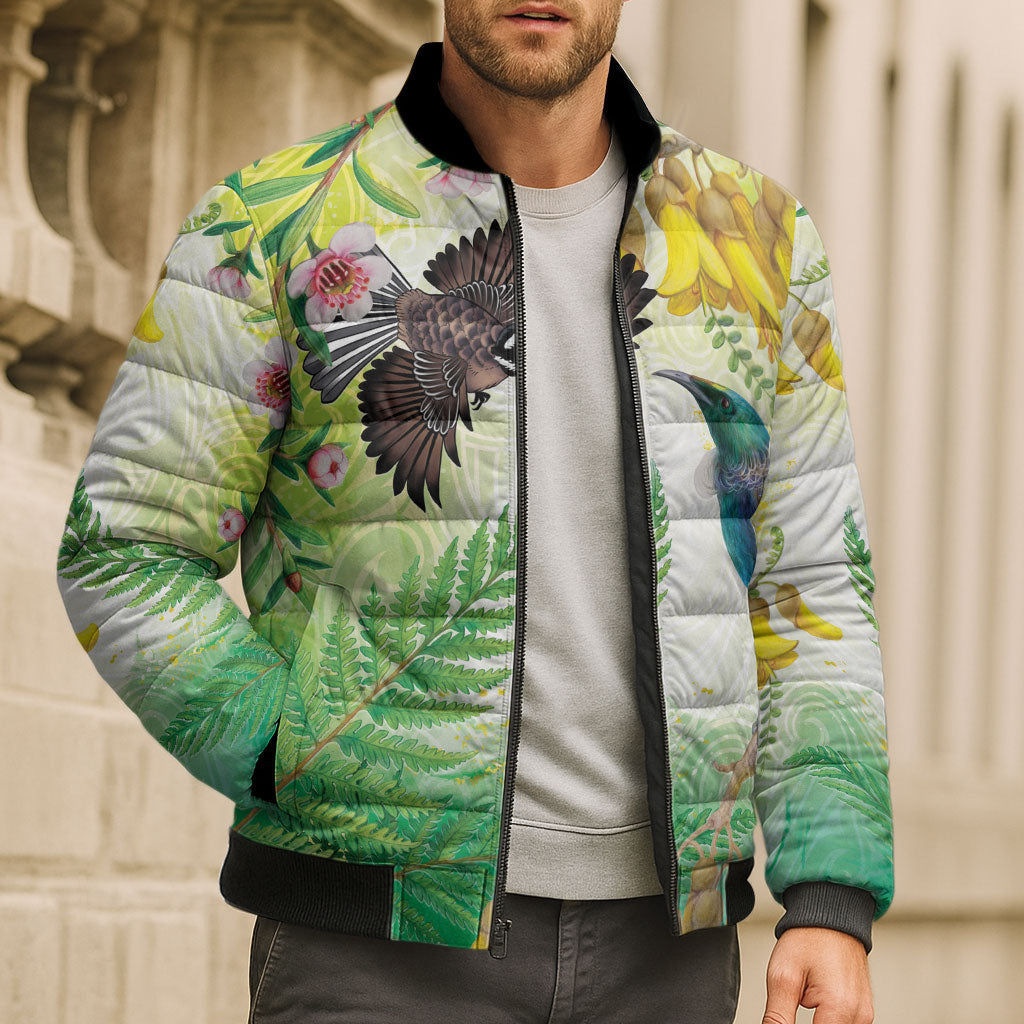New Zealand Maori Mahuru Bomber Puffer Jacket Tui With Pikawakawa Spring Colors LT7 - Polynesian Pride
