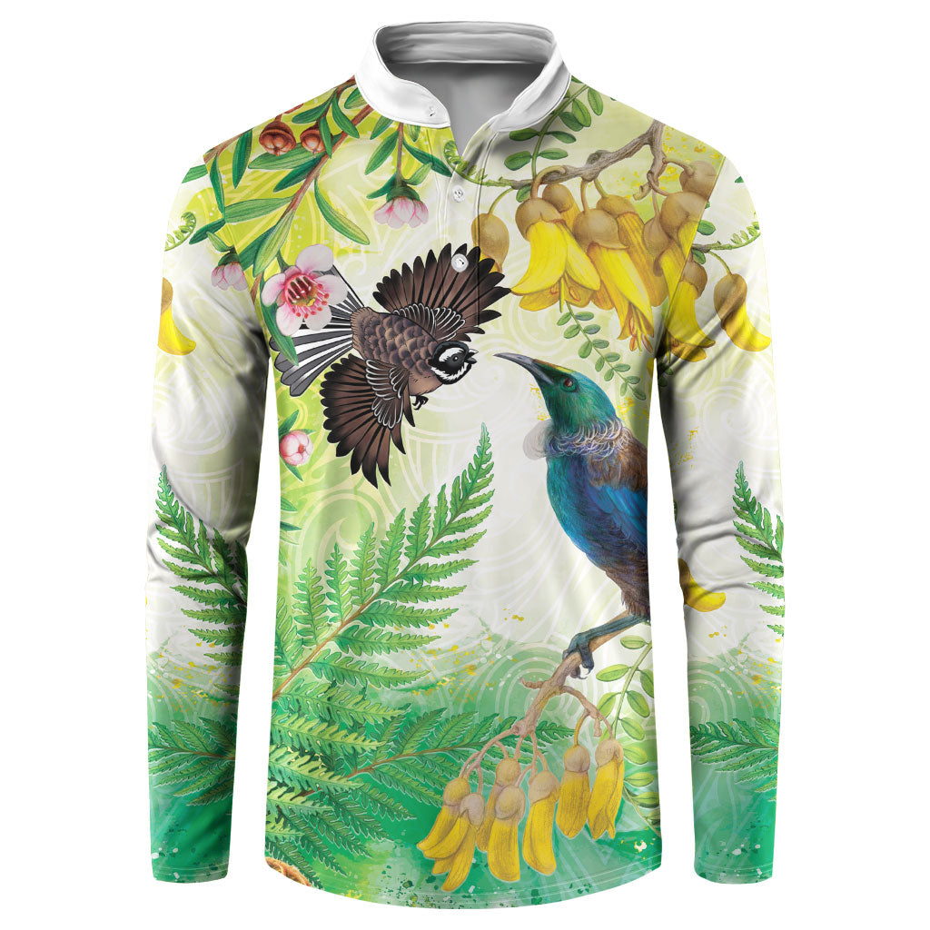 New Zealand Maori Mahuru Button Sweatshirt Tui With Pikawakawa Spring Colors LT7 Multicolor - Polynesian Pride