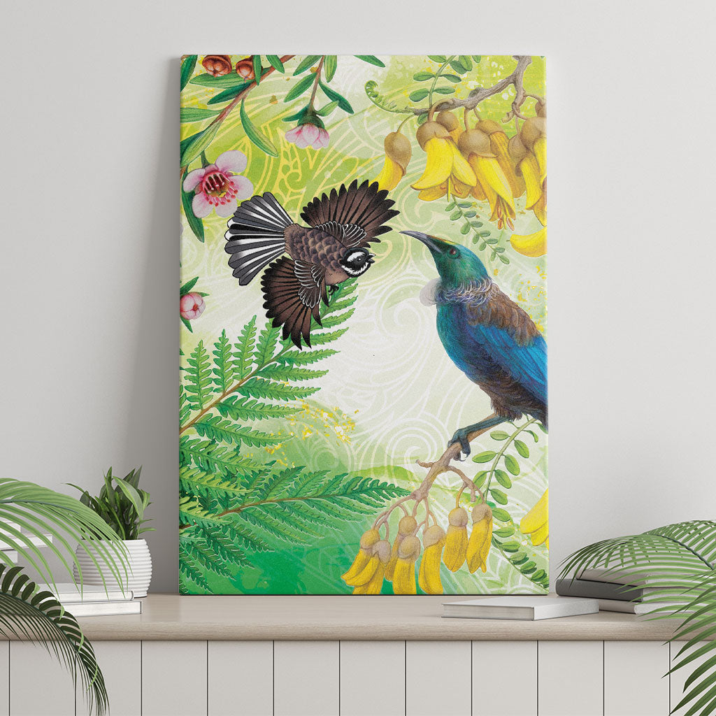 New Zealand Maori Mahuru Canvas Wall Art Tui With Pikawakawa Spring Colors LT7 - Polynesian Pride