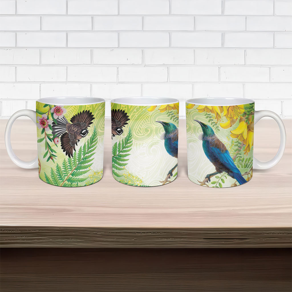 New Zealand Maori Mahuru Ceramic Mug Tui With Pikawakawa Spring Colors LT7 - Polynesian Pride