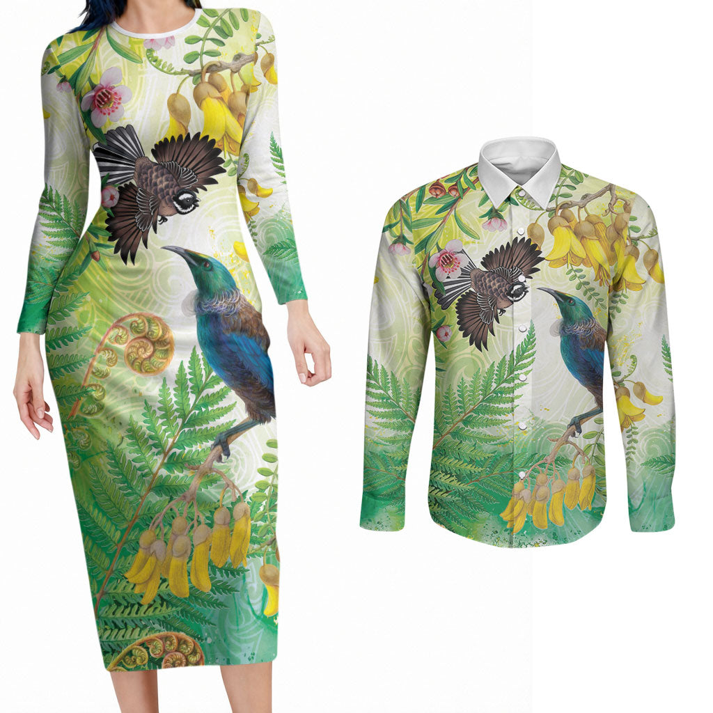 New Zealand Maori Mahuru Couples Matching Long Sleeve Bodycon Dress and Long Sleeve Button Shirt Tui With Pikawakawa Spring Colors LT7 Multicolor - Polynesian Pride