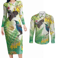 New Zealand Maori Mahuru Couples Matching Long Sleeve Bodycon Dress and Long Sleeve Button Shirt Tui With Pikawakawa Spring Colors LT7 Multicolor - Polynesian Pride
