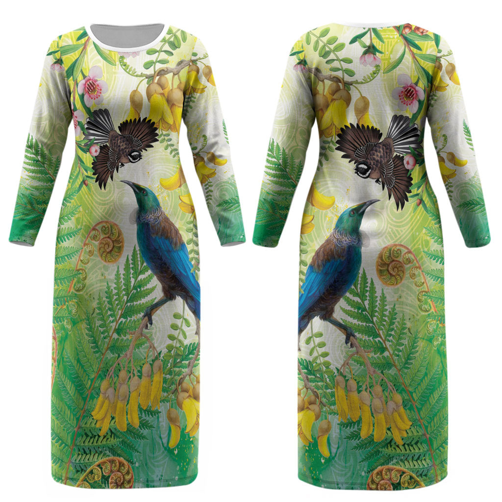New Zealand Maori Mahuru Couples Matching Long Sleeve Bodycon Dress and Long Sleeve Button Shirt Tui With Pikawakawa Spring Colors LT7 - Polynesian Pride