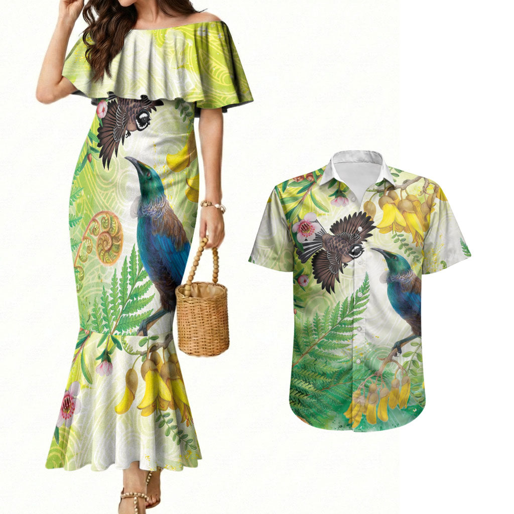 New Zealand Maori Mahuru Couples Matching Mermaid Dress and Hawaiian Shirt Tui With Pikawakawa Spring Colors LT7 Multicolor - Polynesian Pride