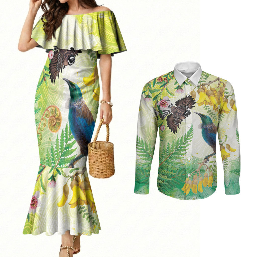 New Zealand Maori Mahuru Couples Matching Mermaid Dress and Long Sleeve Button Shirt Tui With Pikawakawa Spring Colors LT7 Multicolor - Polynesian Pride