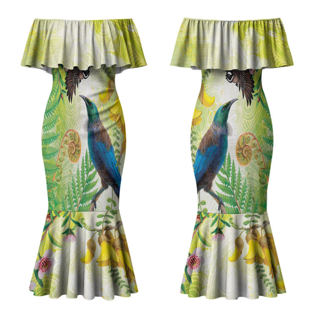 New Zealand Maori Mahuru Couples Matching Mermaid Dress and Long Sleeve Button Shirt Tui With Pikawakawa Spring Colors LT7 - Polynesian Pride