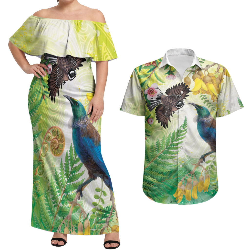 New Zealand Maori Mahuru Couples Matching Off Shoulder Maxi Dress and Hawaiian Shirt Tui With Pikawakawa Spring Colors LT7 Multicolor - Polynesian Pride